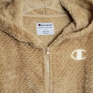Champion Womens Jacket Size Large Fuzzy Soft Fleece Full Zip Logo Walnut Tan